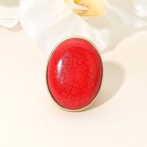 Coral Oval Natural Stone Adjustable Bold Statement Ring Boho Jewelry Gold